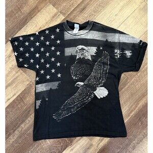 Vtg ART UNLIMITED Bald Eagle AOP USA Black White T-Shirt Mens XL
